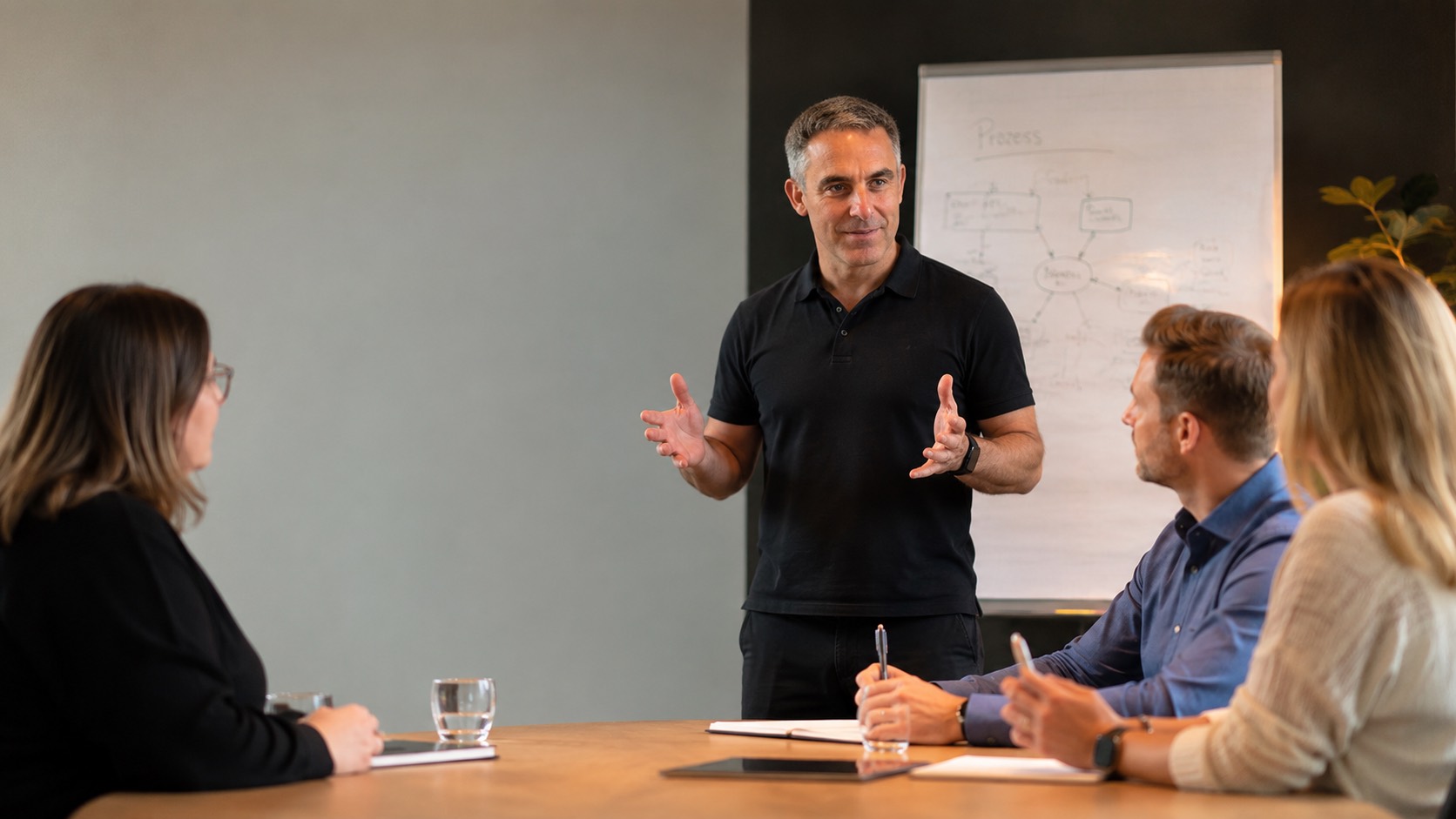 Daniel Kreiseder präsentiert einem Führungsteam am Whiteboard das Vorgehen einer KI-Strategie-Session; im Hintergrund ein Prozess-Diagramm.